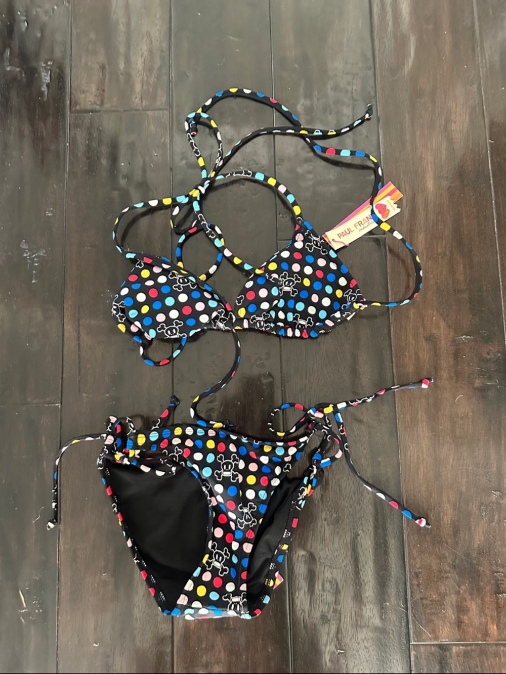 Paul Frank Black Multicolor Polka Dot Bikini with Signature skull Print M NWT